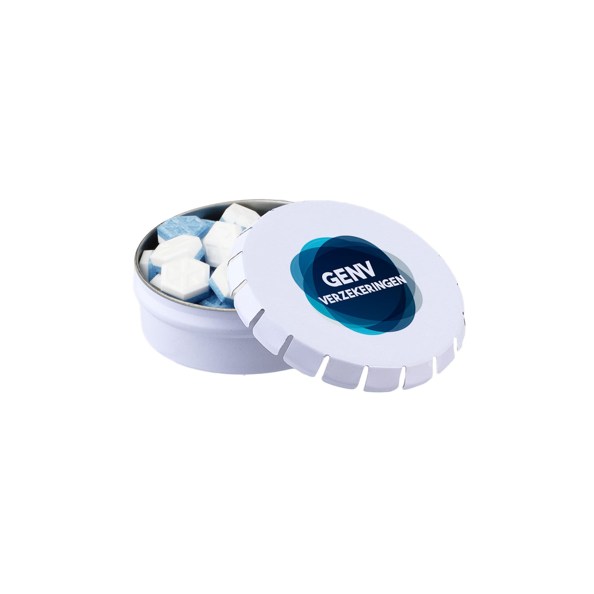 Rond mini clic-clac blikje met pepermunt en full colour bedrukt deksel: Sportlife mints suikervrij