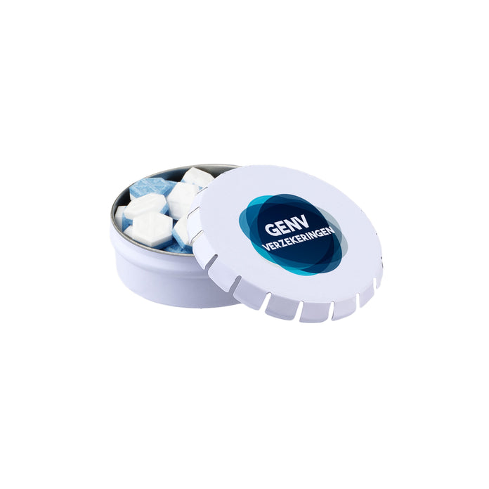 Rond mini clic-clac blikje met pepermunt en full colour bedrukt deksel: Sportlife mints suikervrij