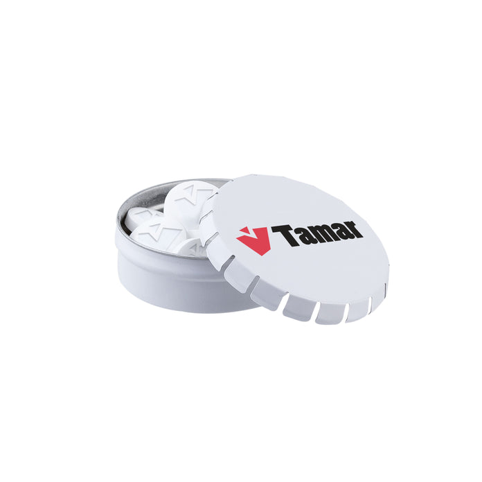 Mini clic-clac blikje met logo mints in eigen vorm en full colour bedrukt deksel