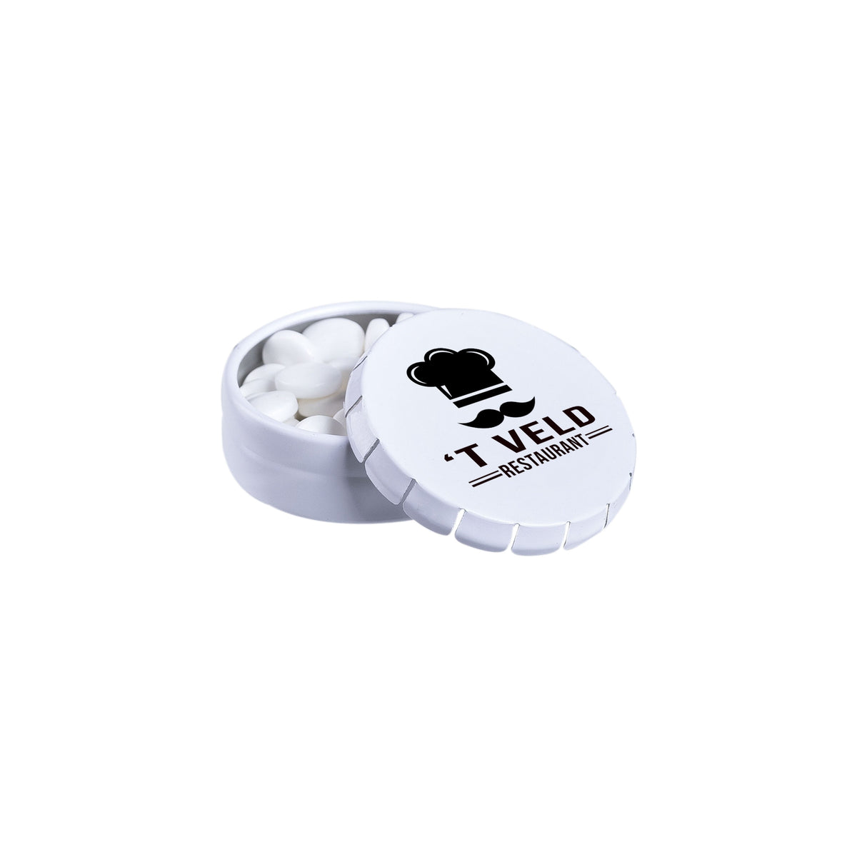 Super mini clic-clac blikje met pepermunt en logo op het deksel: Pepermunt suikervrij