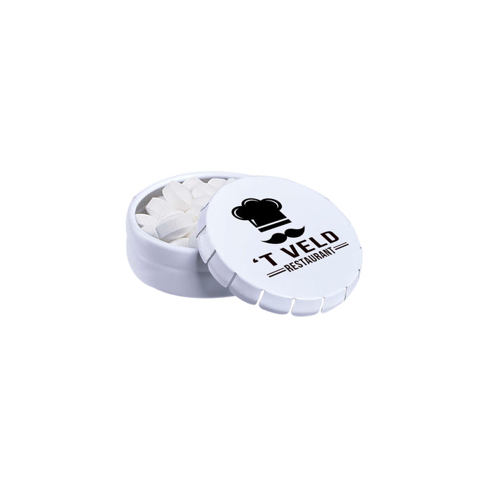 Super mini clic-clac blikje met pepermunt en logo op het deksel: Druivensuiker mint bolletjes