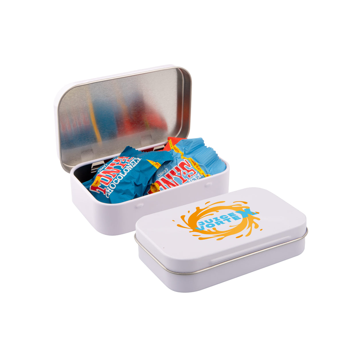 Groot wit scharnierblik met full colour bedrukte bovenzijde en vulling: Tiny Tony's chocolonely