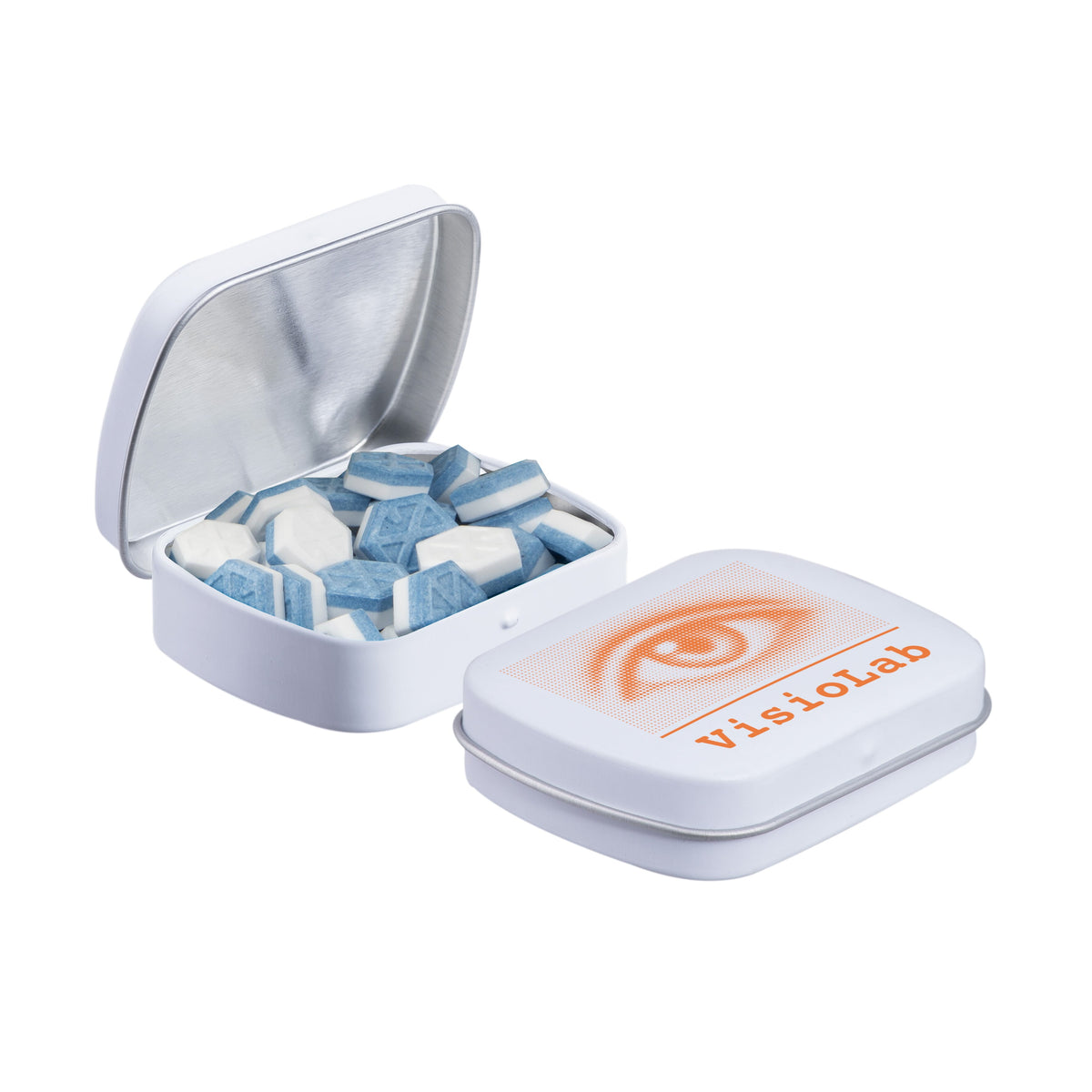 Mini scharnierblikje met pepermunt en full colour bedrukt klapdeksel: Sportlife mints suikervrij