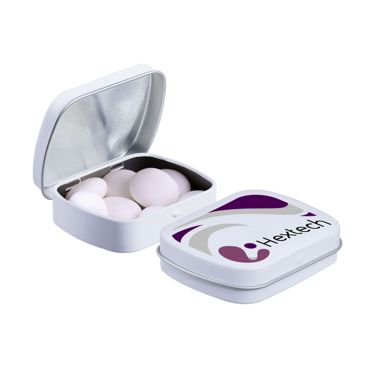 Mini scharnierblikje gevuld met Mentos mints en logo op het deksel