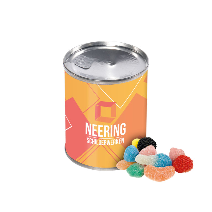 Rond snoepblikje met soft jelly snoepjes en een full colour sticker rondom
