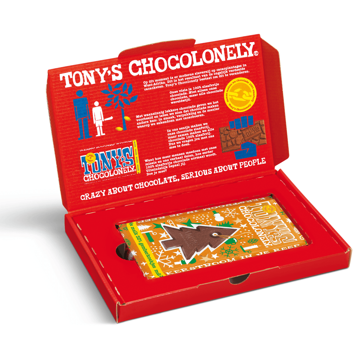 Tony's Chocolonely kerstreep melk gemberkoekje in cadeaudoos, geopende verpakking