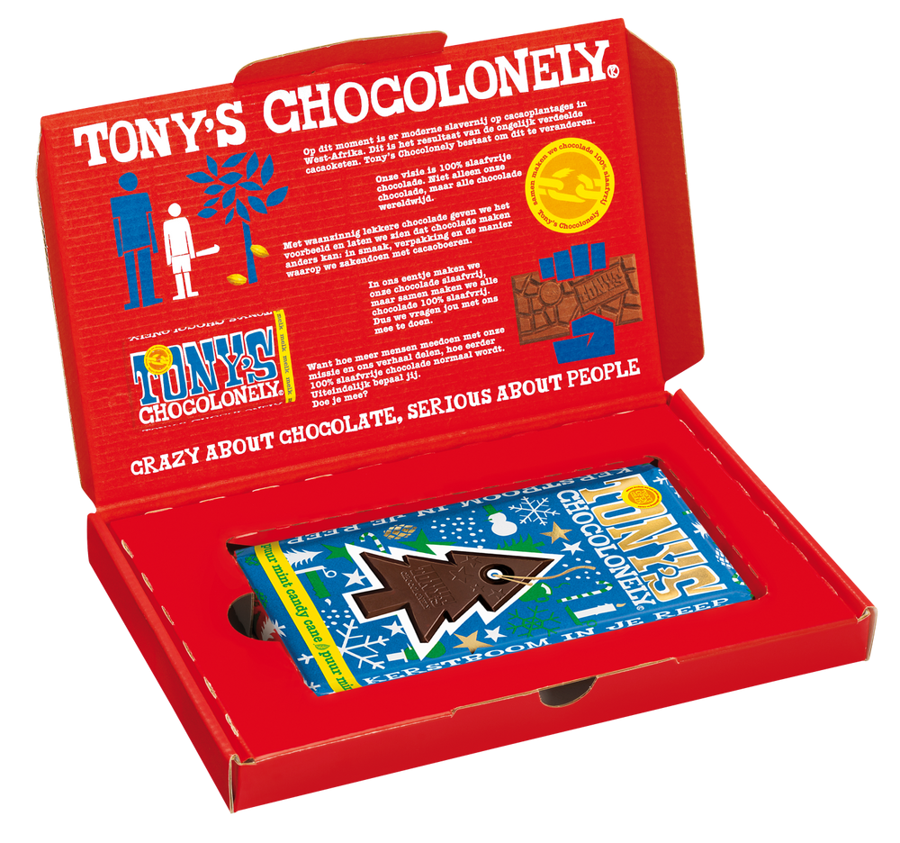 Tony's Chocolonely kerstreep puur mint candy cane in cadeaudoos, geopende verpakking