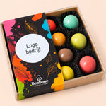 Luxe bonbons met eigen logo op de sleeve, doos met 12 stuks, vanaf 25 stuks