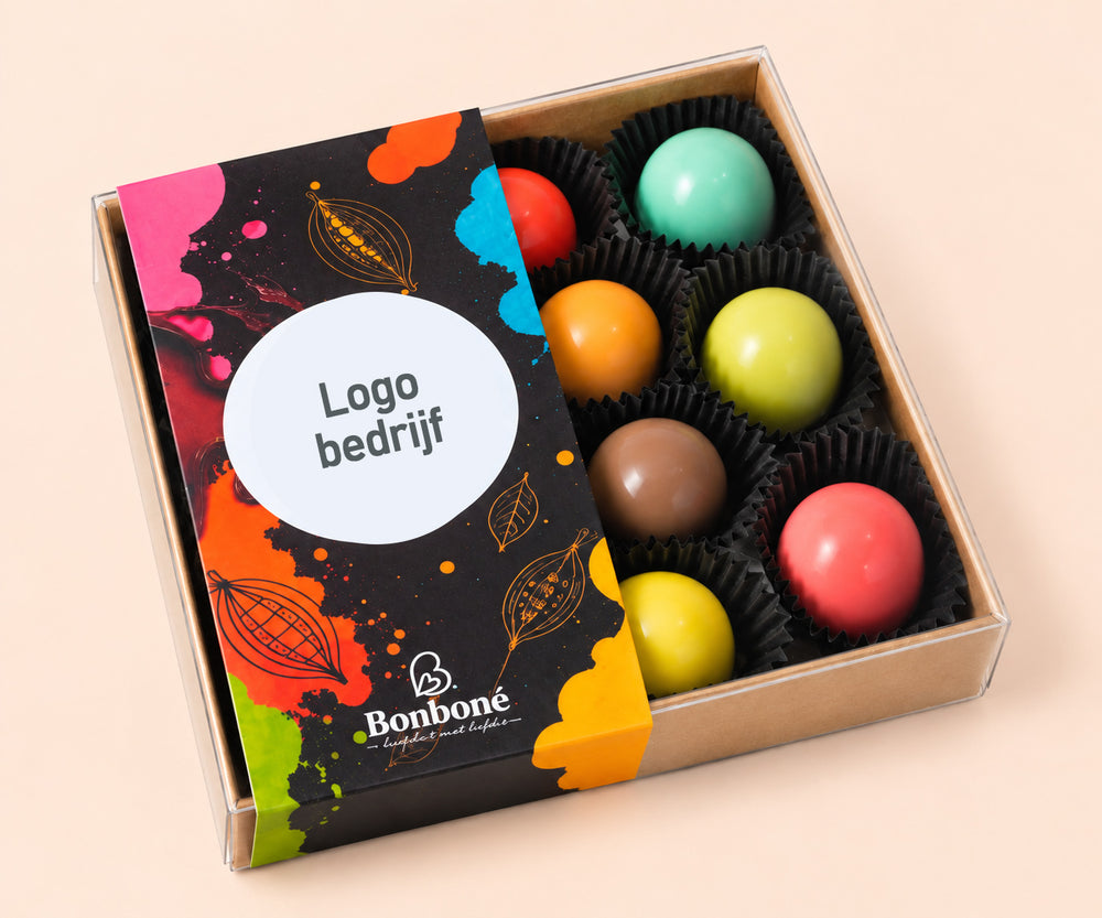 Luxe bonbons met eigen logo op de sleeve, doos met 12 stuks, vanaf 25 stuks