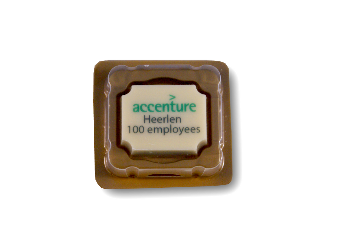 Goudkleurig doosje met 1 logobonbon en transparant deksel