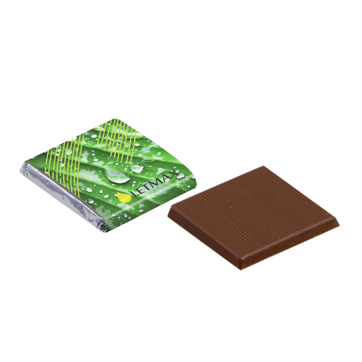 Vierkante napolitain van melkchocolade in folie met een full colour bedrukte wikkel