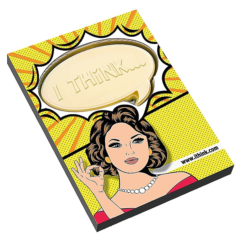 Chocolade tekstwolk in een doos met popart-ontwerp, schuin aanzicht