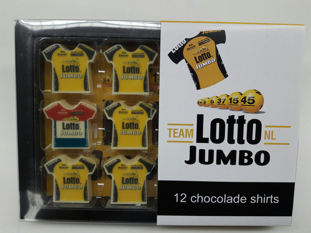 Doosje met chocolade wielershirts in geel en zwart met bedrukte huls