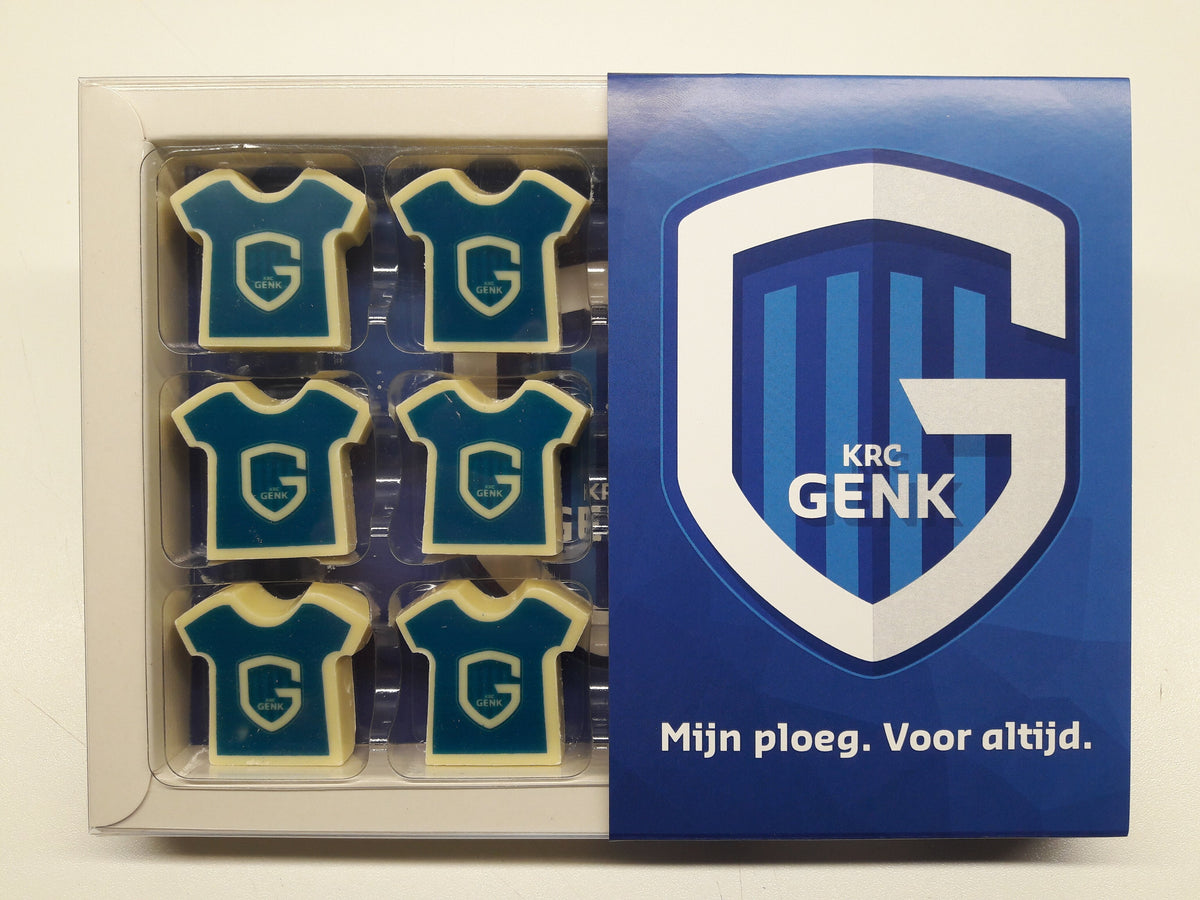 Doosje met chocolade shirts in blauw-wit clubtenue en een bedrukte huls