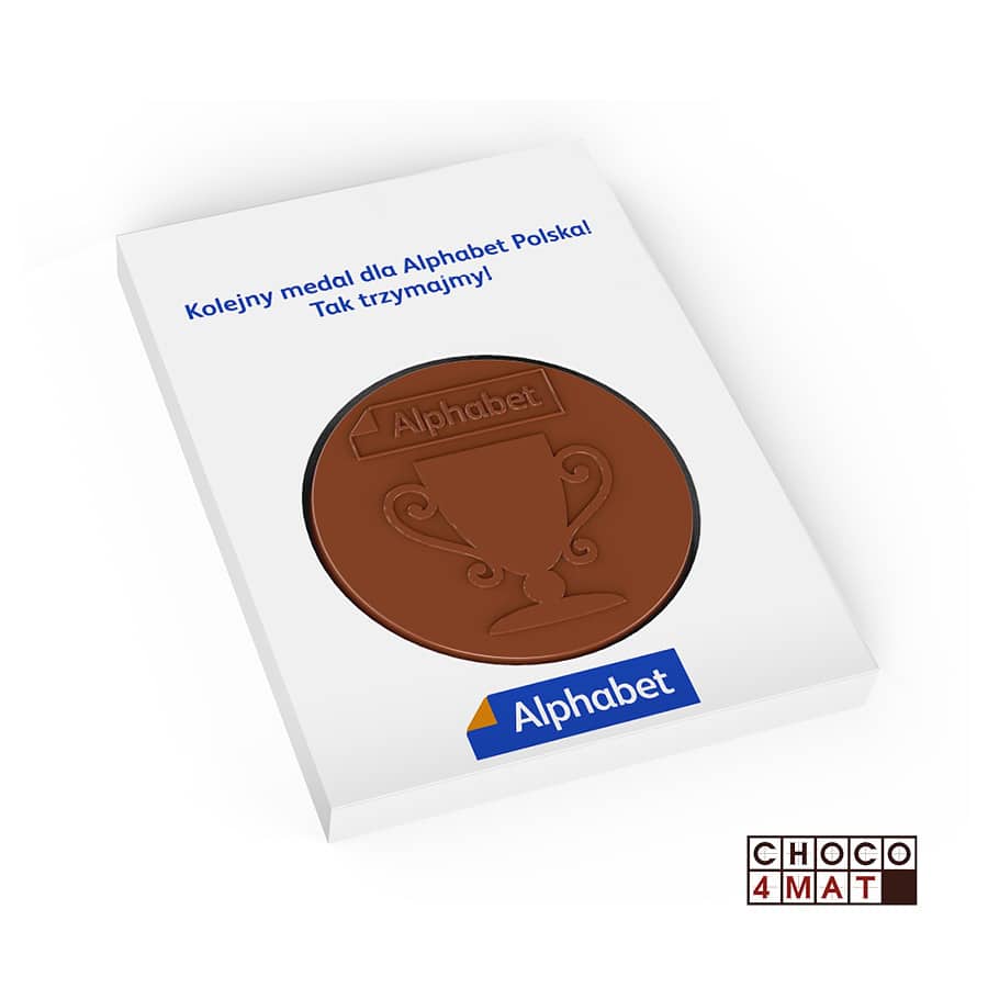 Grote ronde chocolade medaille met logo in een witte doos met eigen ontwerp