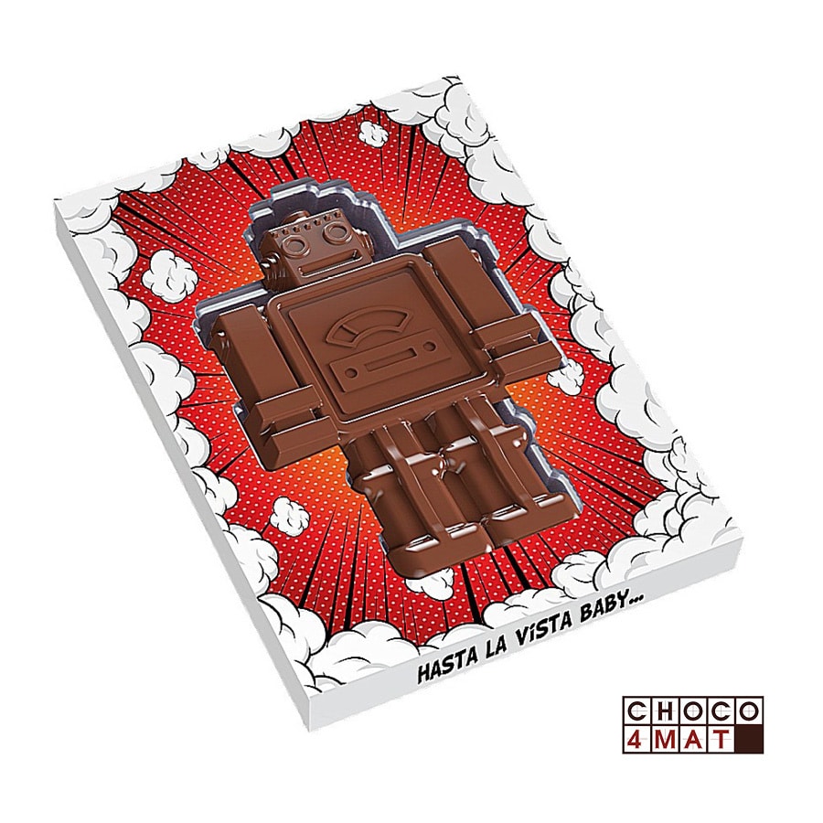Chocolade robot in een rode doos met eigen ontwerp