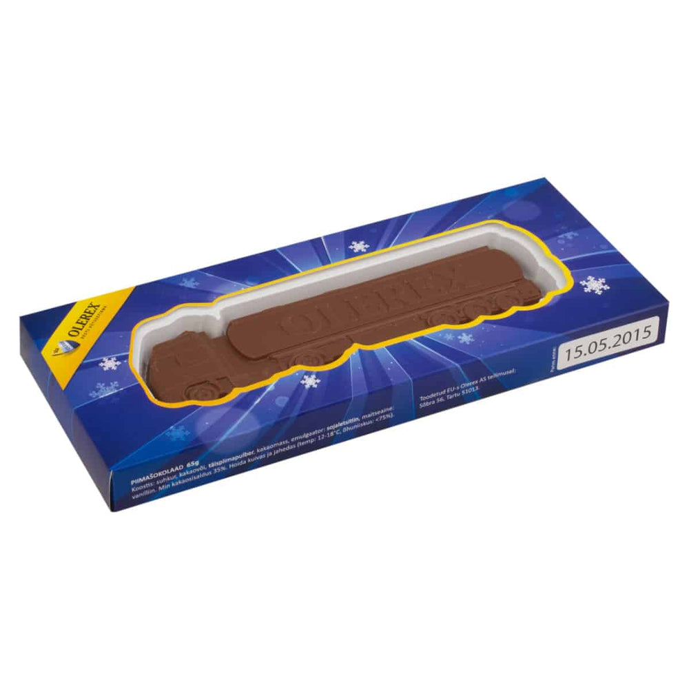 Chocolade tankwagen in een lange blauwe doos met voorbeeldlogo