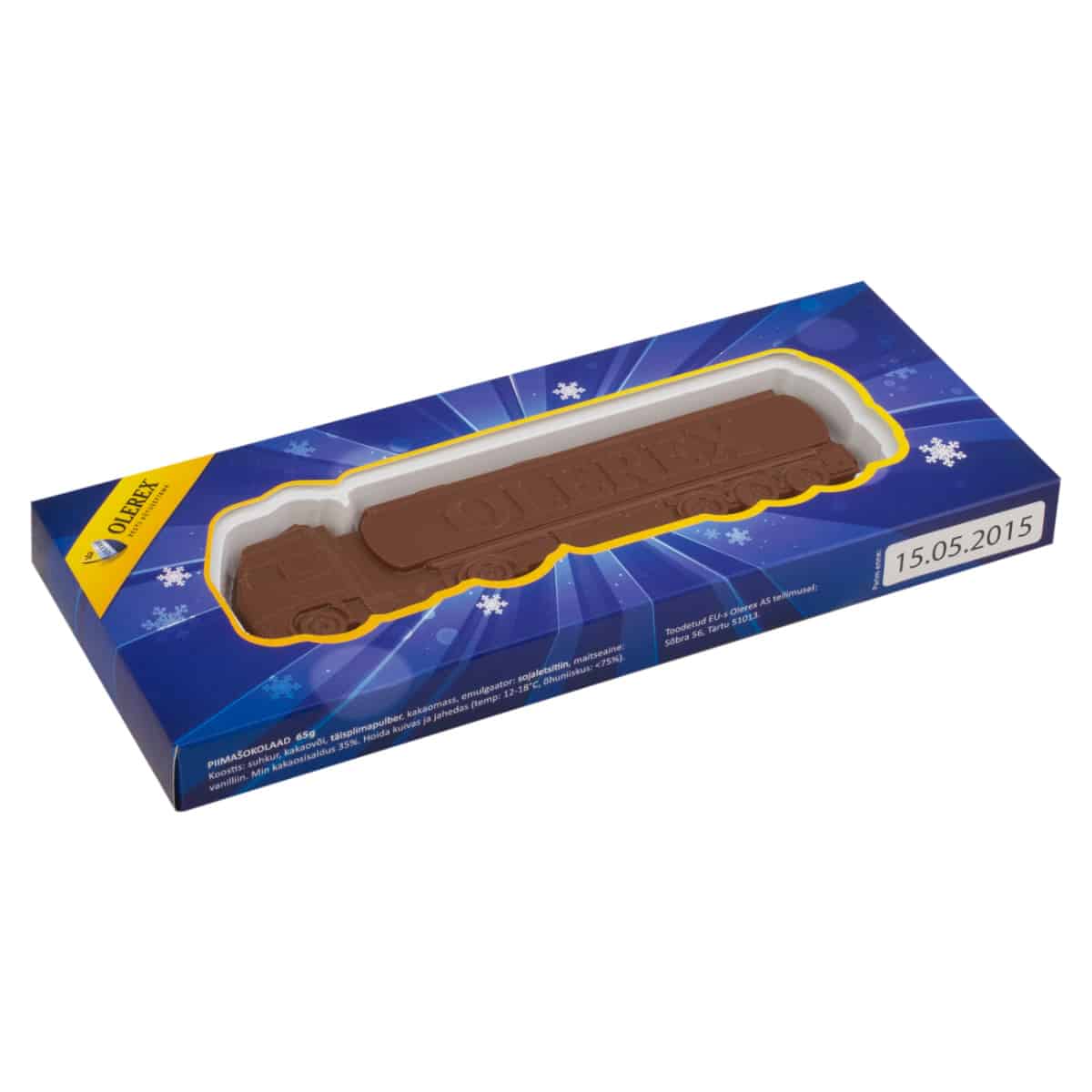 Chocolade tankwagen in een lange blauwe doos met voorbeeldlogo
