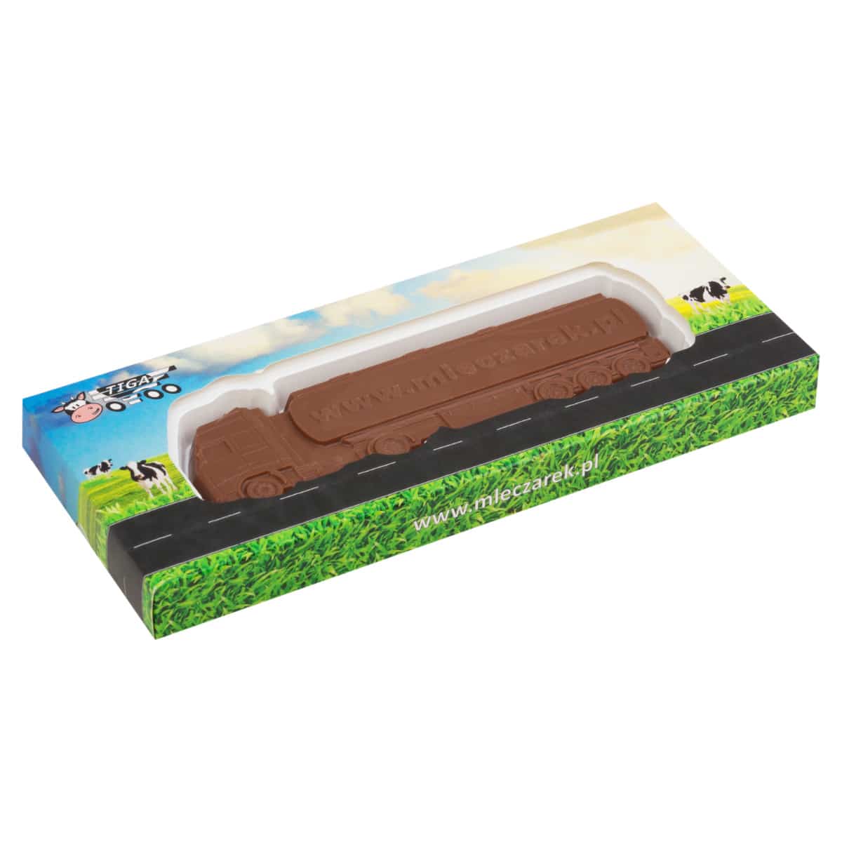 Chocolade tankwagen in een lange doos met landschapsontwerp