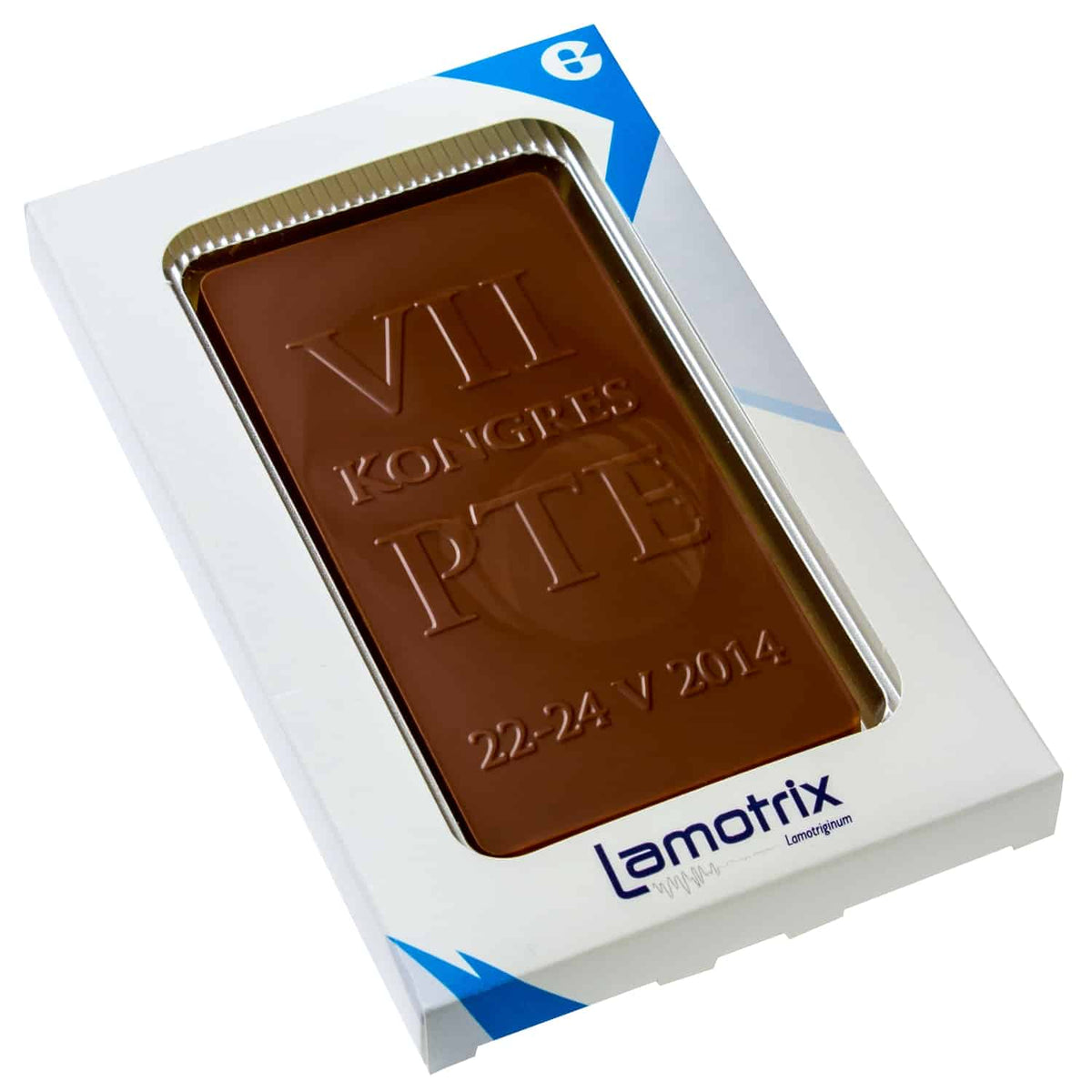 Chocolade kalenderblad in een blauw-witte doos met voorbeeldontwerp