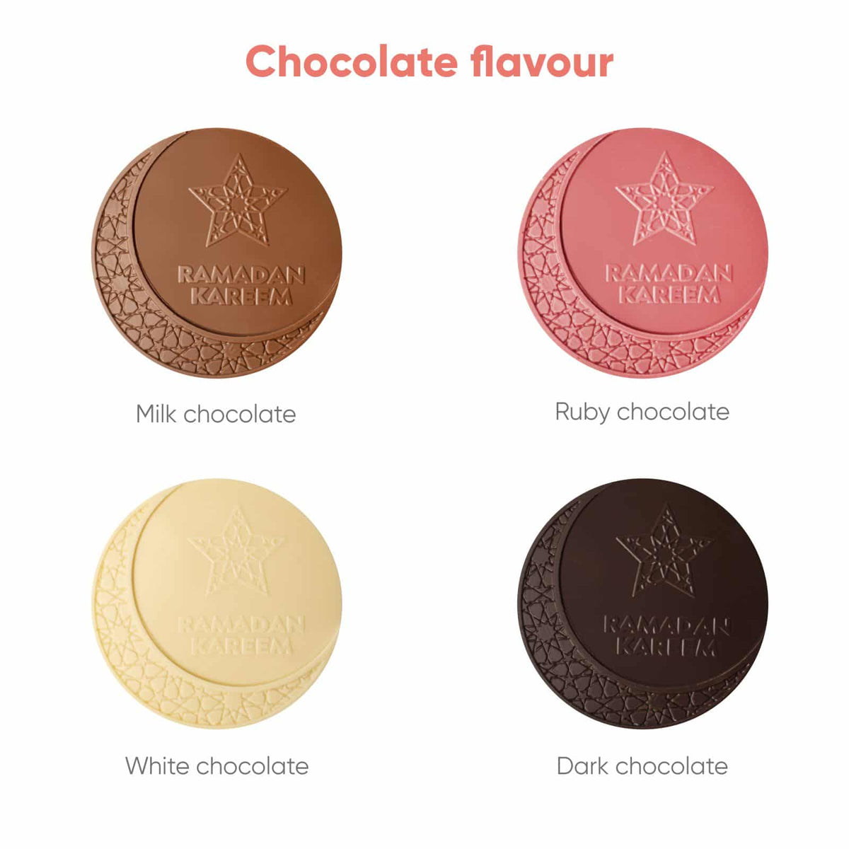 Chocolade medaillons in melk-, ruby-, witte en pure chocolade naast elkaar