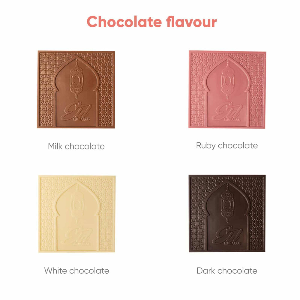 Chocolade boogvensters in melk-, ruby-, witte en pure chocolade naast elkaar
