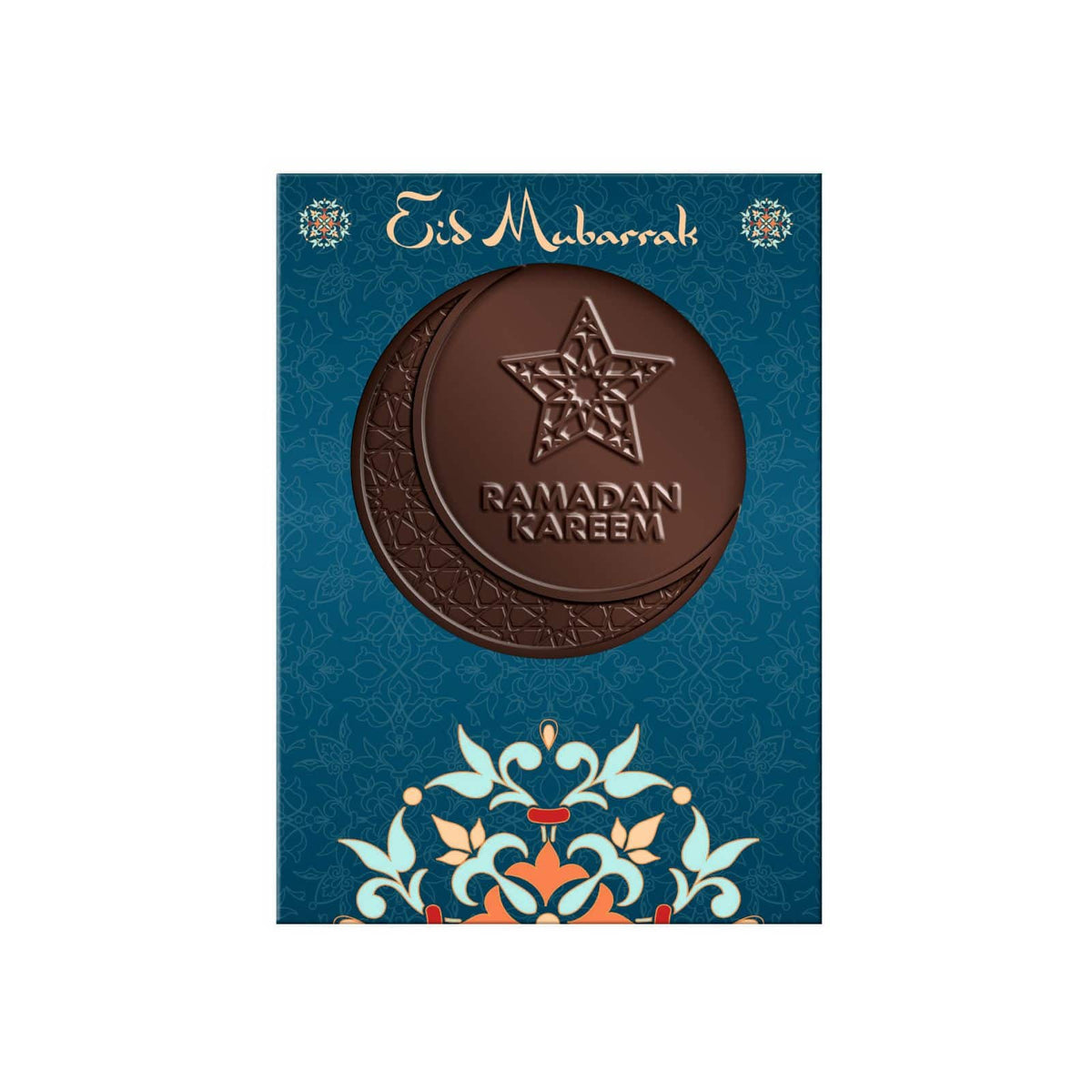 Chocolade medaillon in een doos met ornamentontwerp, schuin aanzicht