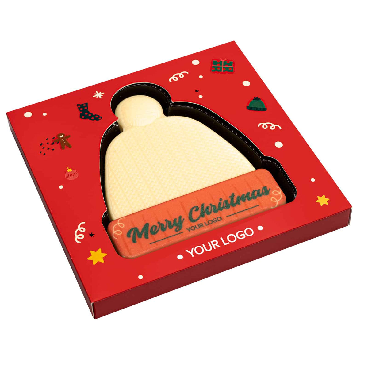 Muts van witte chocolade in een rode kerstdoos met Merry Christmas, schuin aanzicht