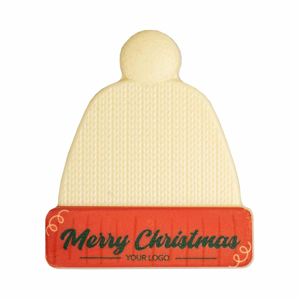 Losse muts van witte chocolade met de geprinte tekst Merry Christmas