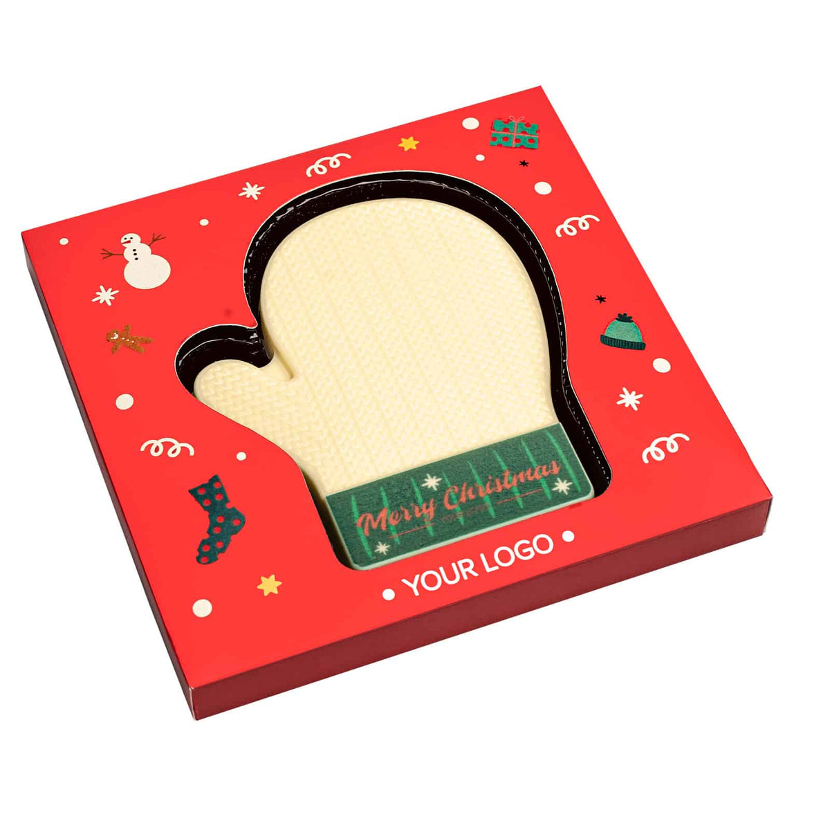 Want van witte chocolade in een rode kerstdoos, schuin aanzicht
