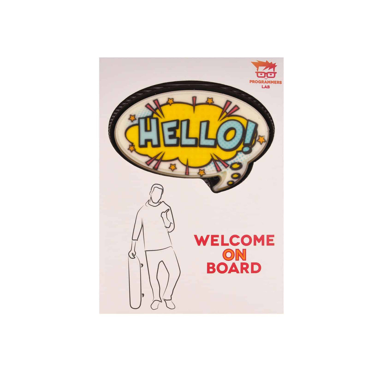 Tekstwolk van witte chocolade met de tekst Hello in een doos met Welcome on board
