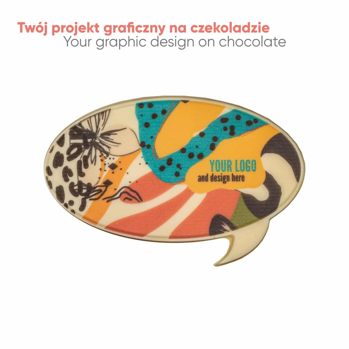 Voorbeeld van een eigen ontwerp in full colour op de chocolade tekstwolk