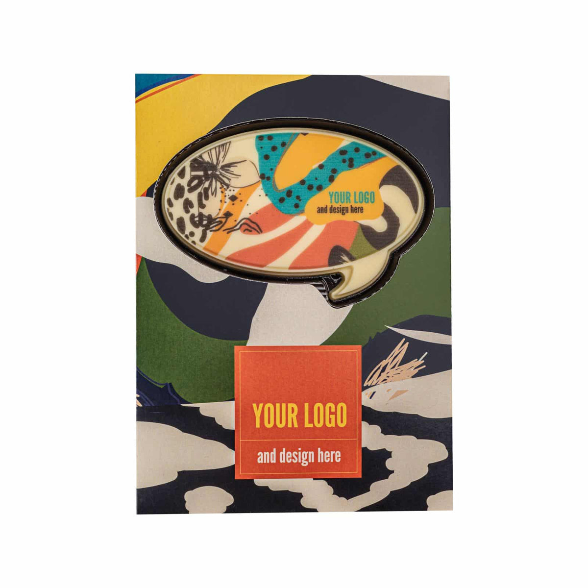 Tekstwolk van witte chocolade met kleurrijke print in een doos met eigen ontwerp