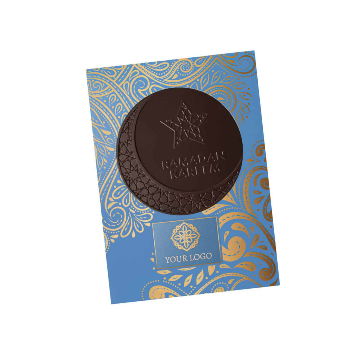 Rond chocolade medaillon met maanmotief in een blauwe doos met Eid Mubarak