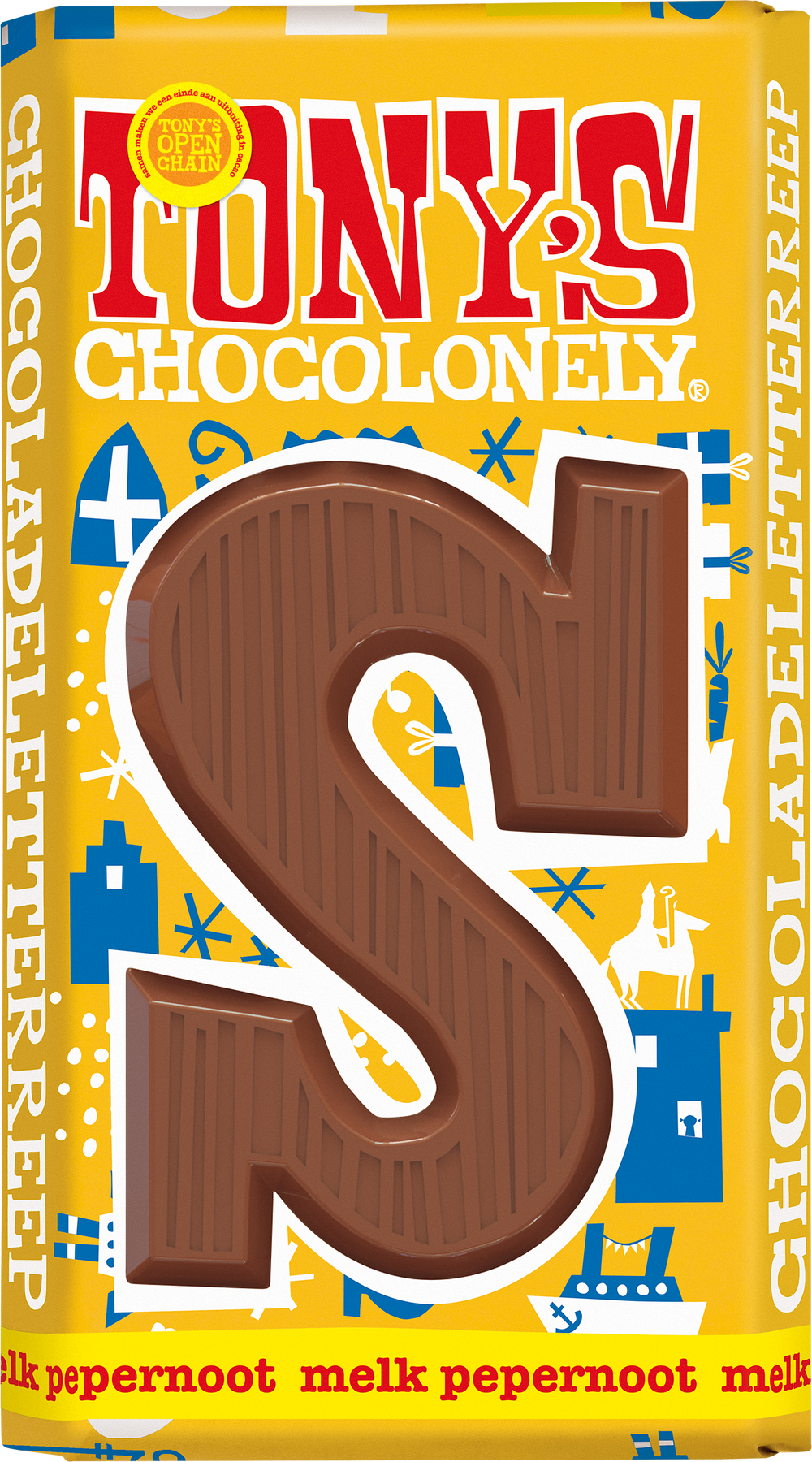 Tony's Chocolonely letterreep S melk pepernoot, voorkant van de verpakking