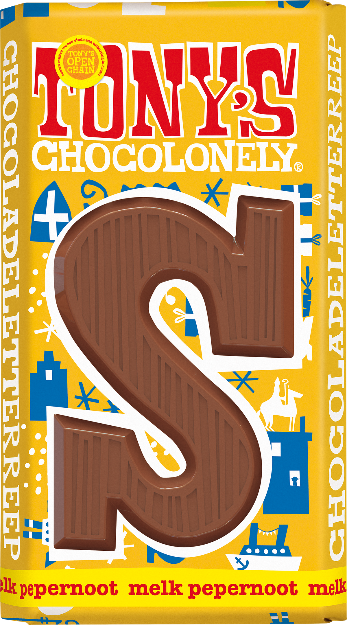 Tony's Chocolonely letterreep S melk pepernoot, voorkant van de verpakking