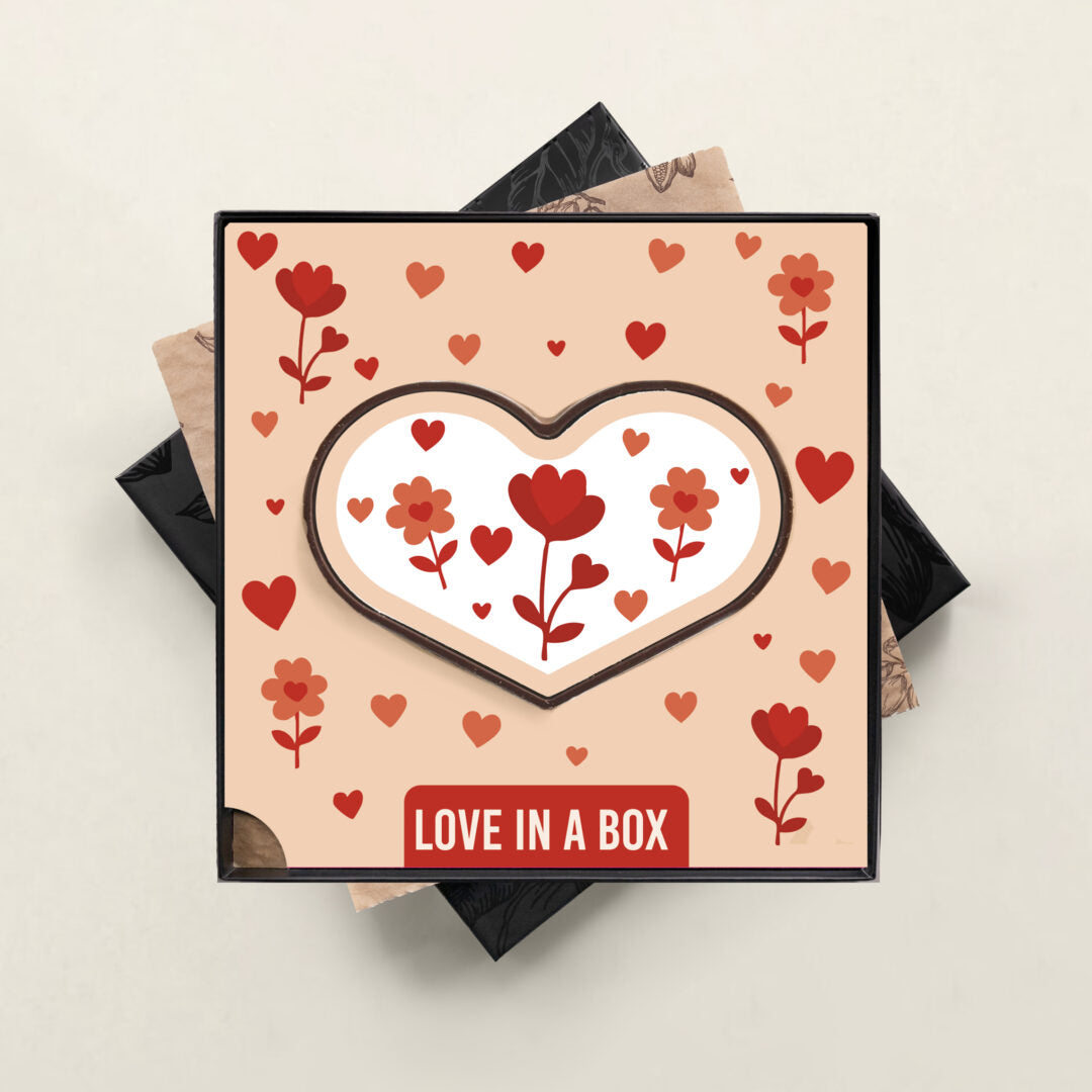 Chocolade hart in geschenkdoos, uitvoering Love in a box, hartjesprint