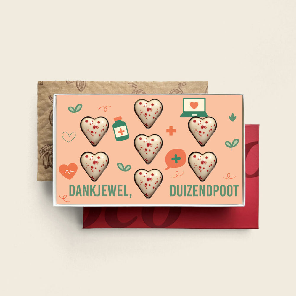 Gevulde chocolade hartjes, uitvoering wit, dankjewel duizendpoot