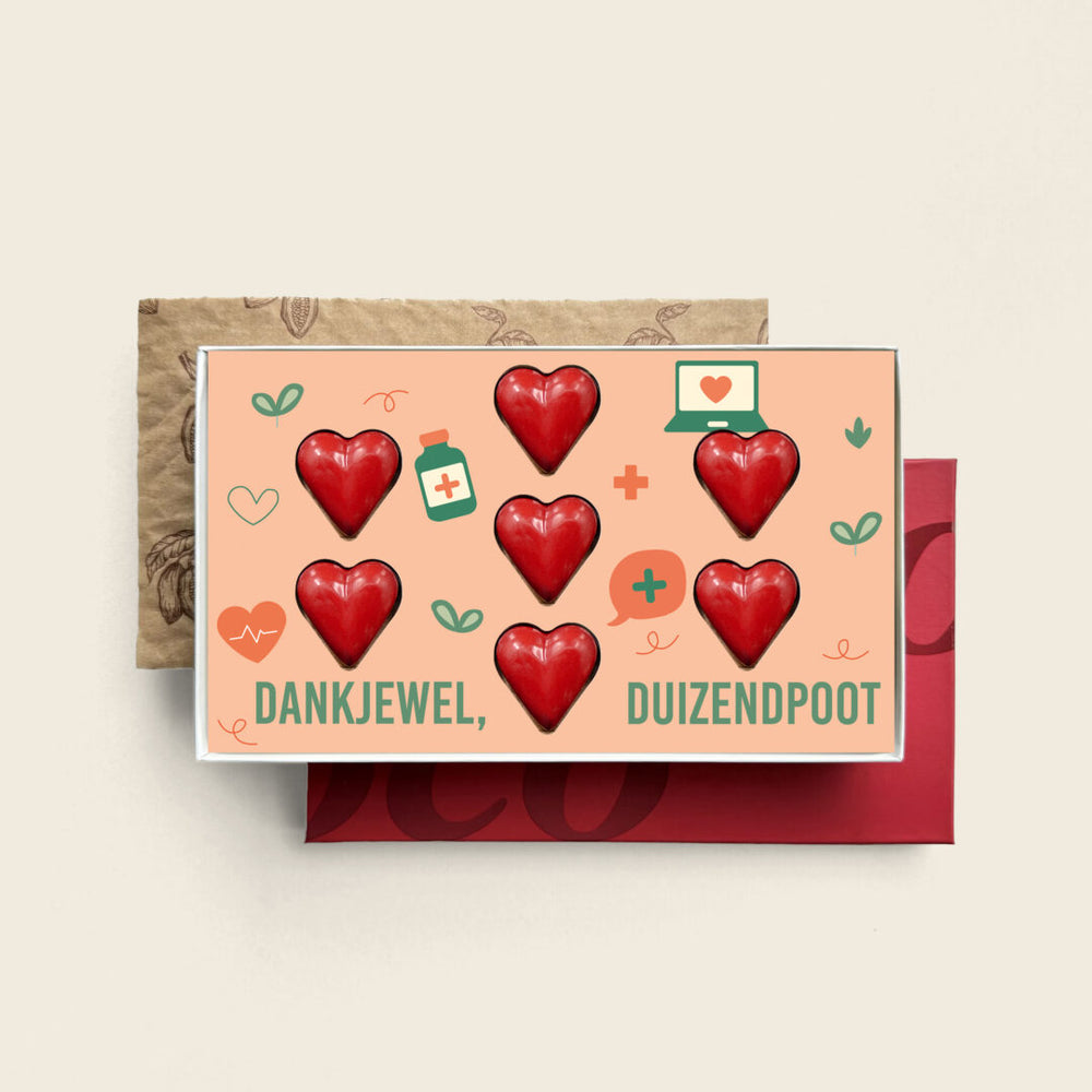 Gevulde chocolade hartjes, uitvoering rood, dankjewel duizendpoot