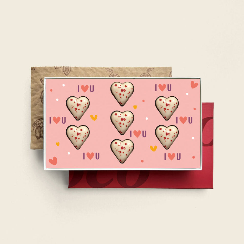Gevulde chocolade hartjes, uitvoering wit, I Love U