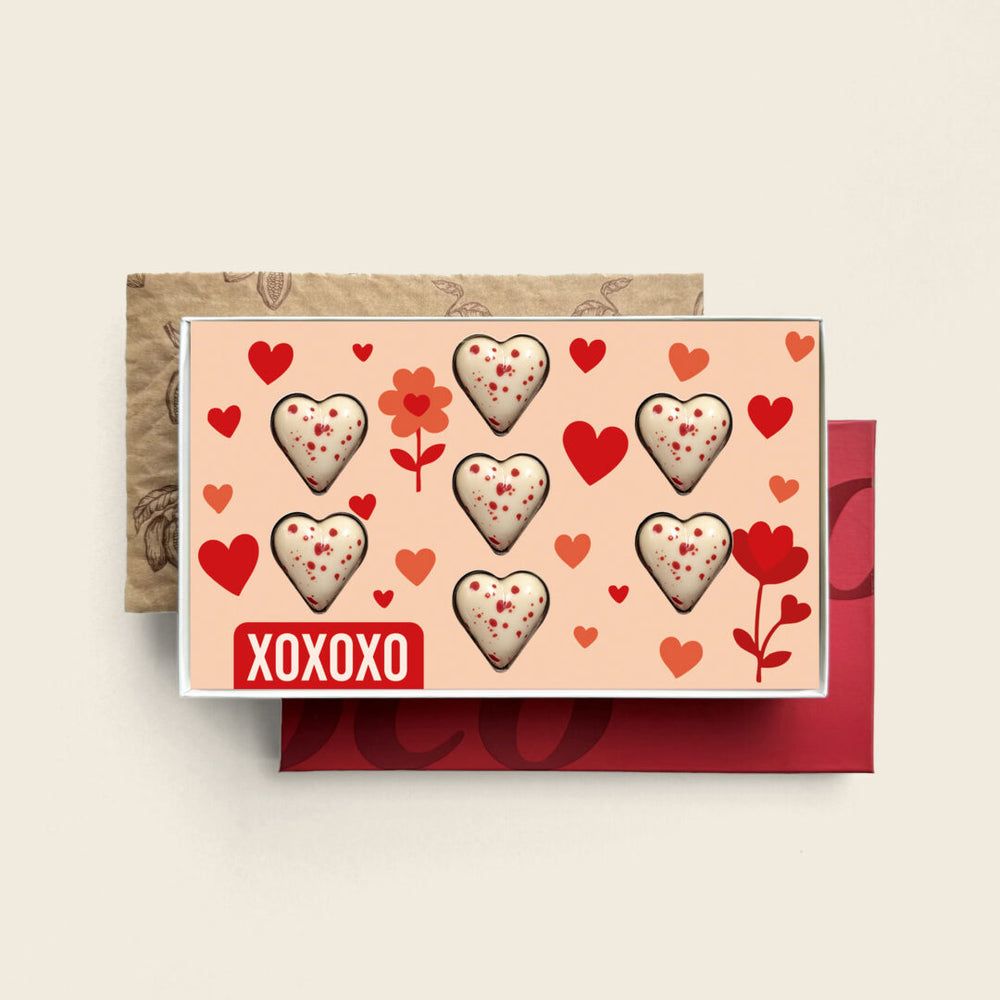 Gevulde chocolade hartjes, uitvoering wit, XOXOXO