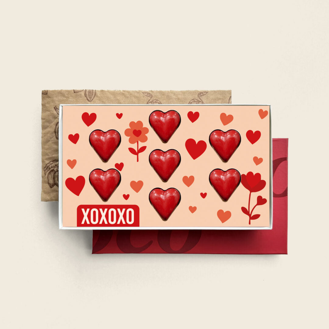 Gevulde chocolade hartjes, uitvoering rood, XOXOXO