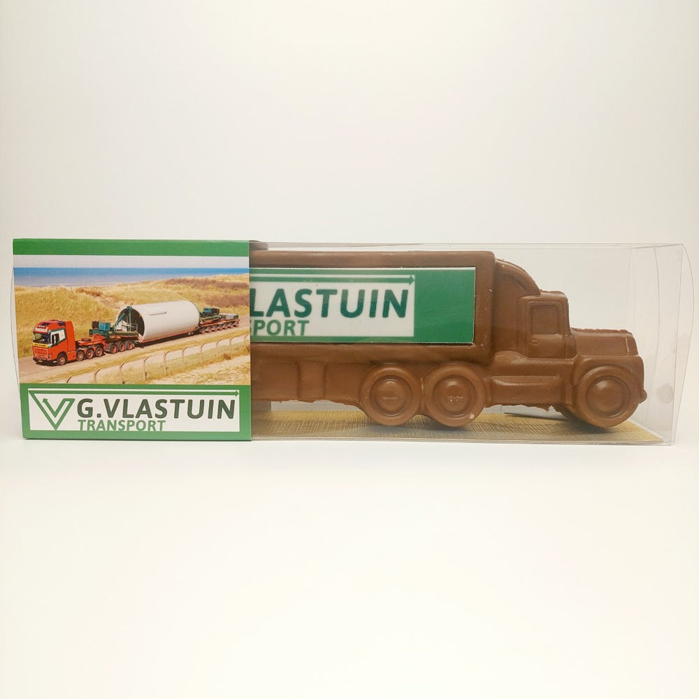 Chocolade vrachtwagen met voorbeeldlogo en een bedrukte huls met foto