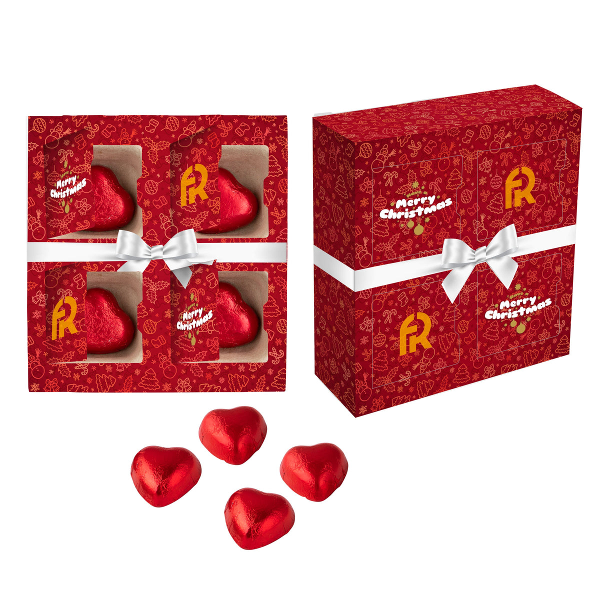 Full colour bedrukt verrassingsdoosje met vier vakken en chocolade hartjes in rode folie