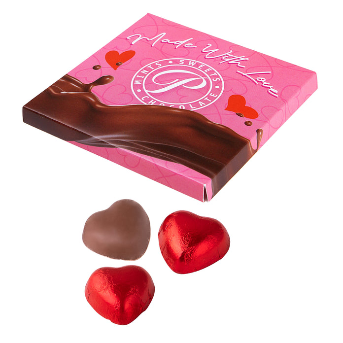 Plat vierkant doosje met full colour bedrukking, gevuld met tien chocolaatjes in folie