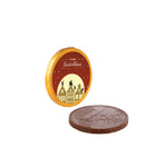 Goudkleurige chocolade euromunt met ronde full colour sticker op één zijde