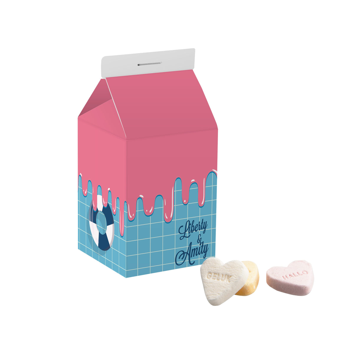 Klein kartonnen melkpakje met full colour bedrukking, gevuld met snoep: Vruchtenhartjes