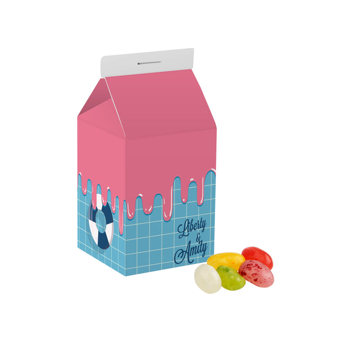 Klein kartonnen melkpakje met full colour bedrukking, gevuld met snoep: Jelly beans
