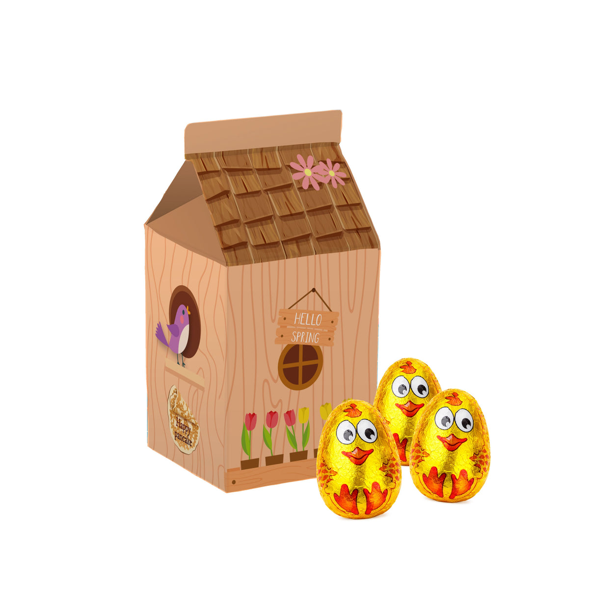 Klein kartonnen melkpakje met full colour bedrukking, gevuld met snoep: Gouden chocolade kuikens