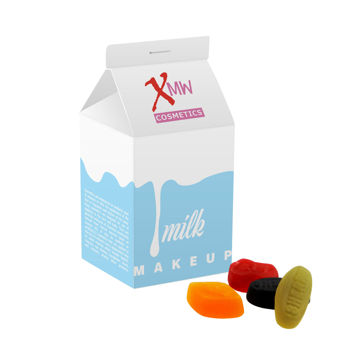 Kartonnen melkpak met all-over bedrukking, gevuld met snoep of pepermunt: Winegums